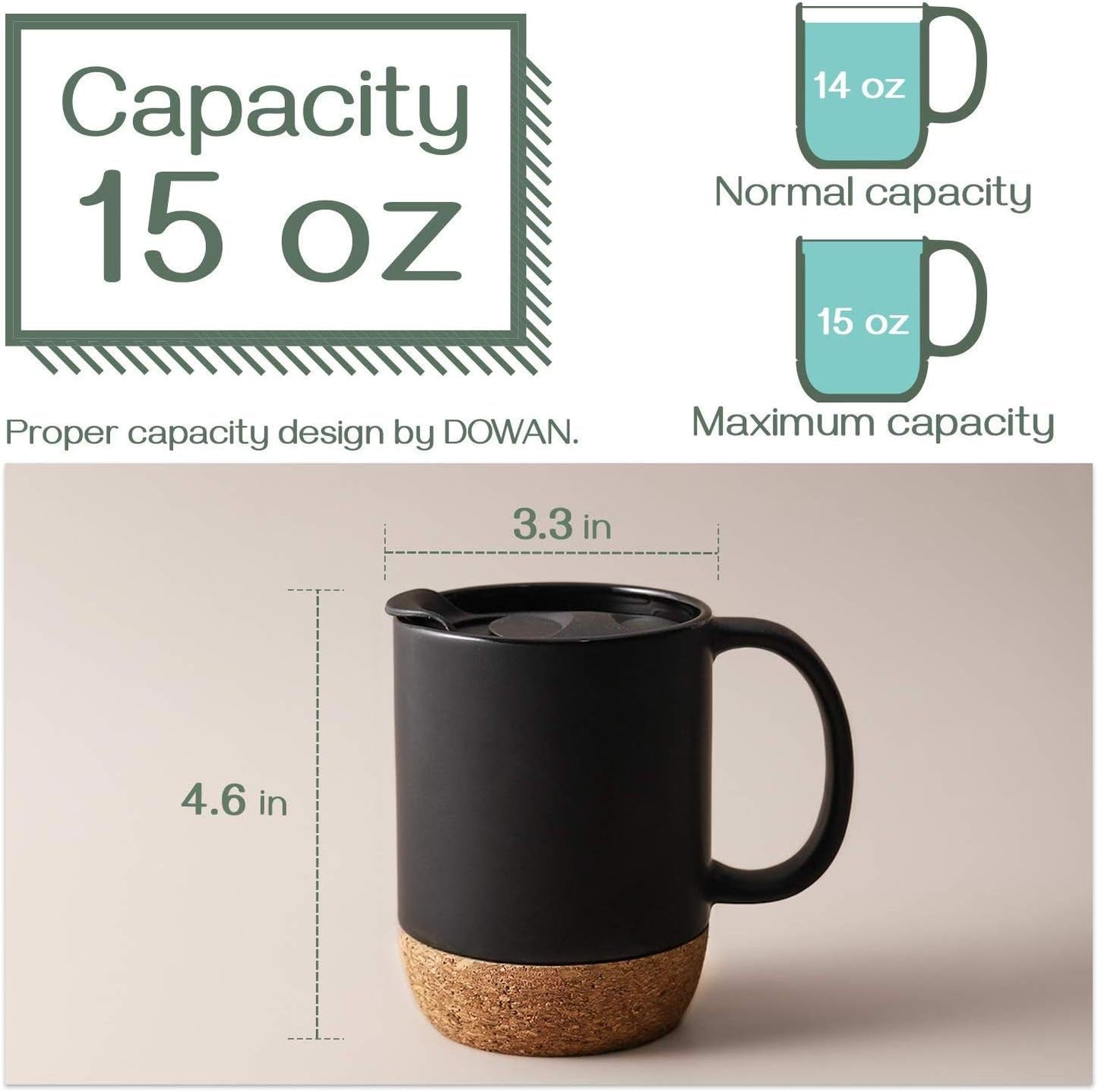 DOWAN Coffee Mugs Set of 2, 15 OZ Coffee Cup with Cork Bottom and Splash Proof Lid, Ceramic Mug Set with Large Handle for Men, Women, for Coffee Tea Latte, Matte Black