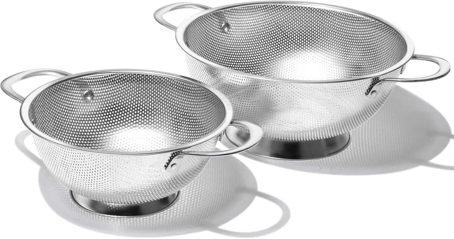Premium Stainless Steel Colander for Kitchen, Food Strainer Basket with Handle and Solid Ring Base for Fruits Vegetables Rice and Pasta, Dishwasher Safe (3QT+5QT)