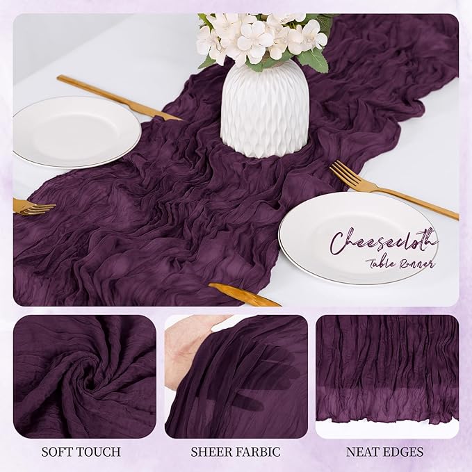 6 Pack Dark Purple Cheesecloth Table Runner 17x108 Inch Semi Sheer Boho Gauze Cheese Cloth Fabric Table Runners, for Wedding Party Baby Shower Birthday Home Decor Garden
