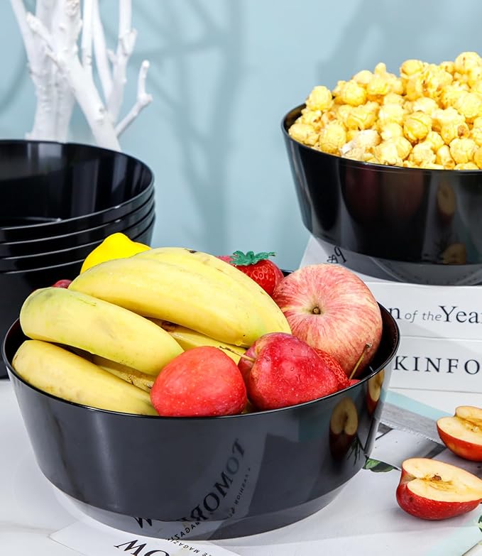 Hioasis 8 Pack Plastic Serving Bowls 128oz Black Plastic Bowls Heavy Duty Disposable Serving Bowls for Party Snack & Salad & Candy & Bar Buffet & New Year