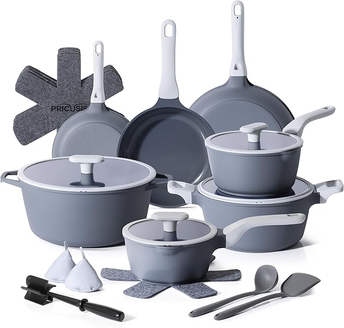 PRICUSIS Ceramic Pots and Pans Set Nonstick, 21Pcs Nontoxic Induction Cookware Set, 100% Dishwasher Safe, Stay Cool Handle, Fully Coated, PTFE PFOA & PFAS Free (Blueberry Gray）