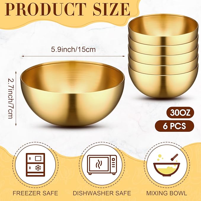 Nuogo 6 Pcs Stainless Steel Gold Mixing Bowls Christmas Gold Esthetician Bowls for Christmas First Holy Communion Wedding Party Facial Cereal Rice Noddle Fruit Cooking Baking Serving(5.9 Inches)