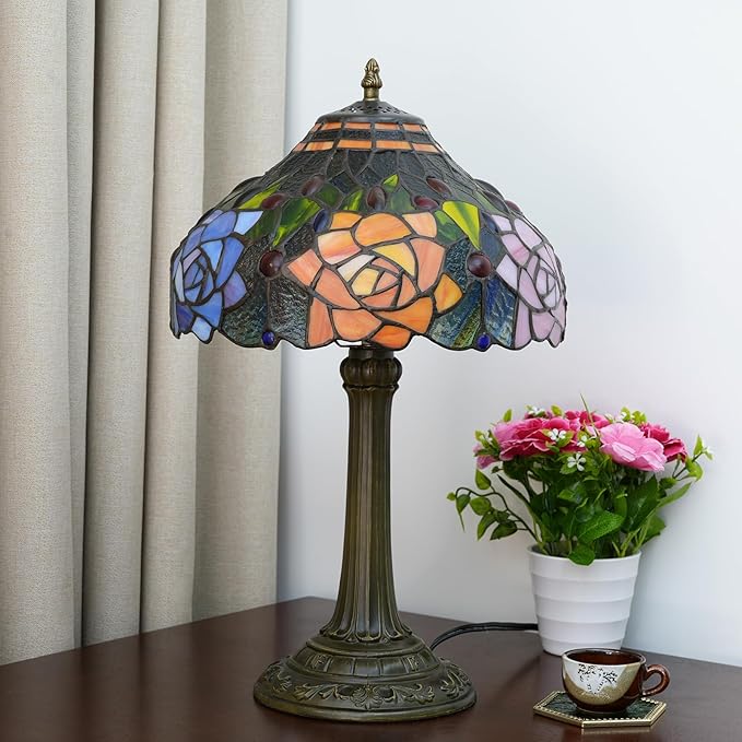 Tiffany Style Stained Glass Lamp Red Orange Purple Pink Rose Table Lamp Bedroom Bedside Reading Desk Light for Living Office Retro Unique Cute Accent Decor 12" Village Gift Nightstand Lamps