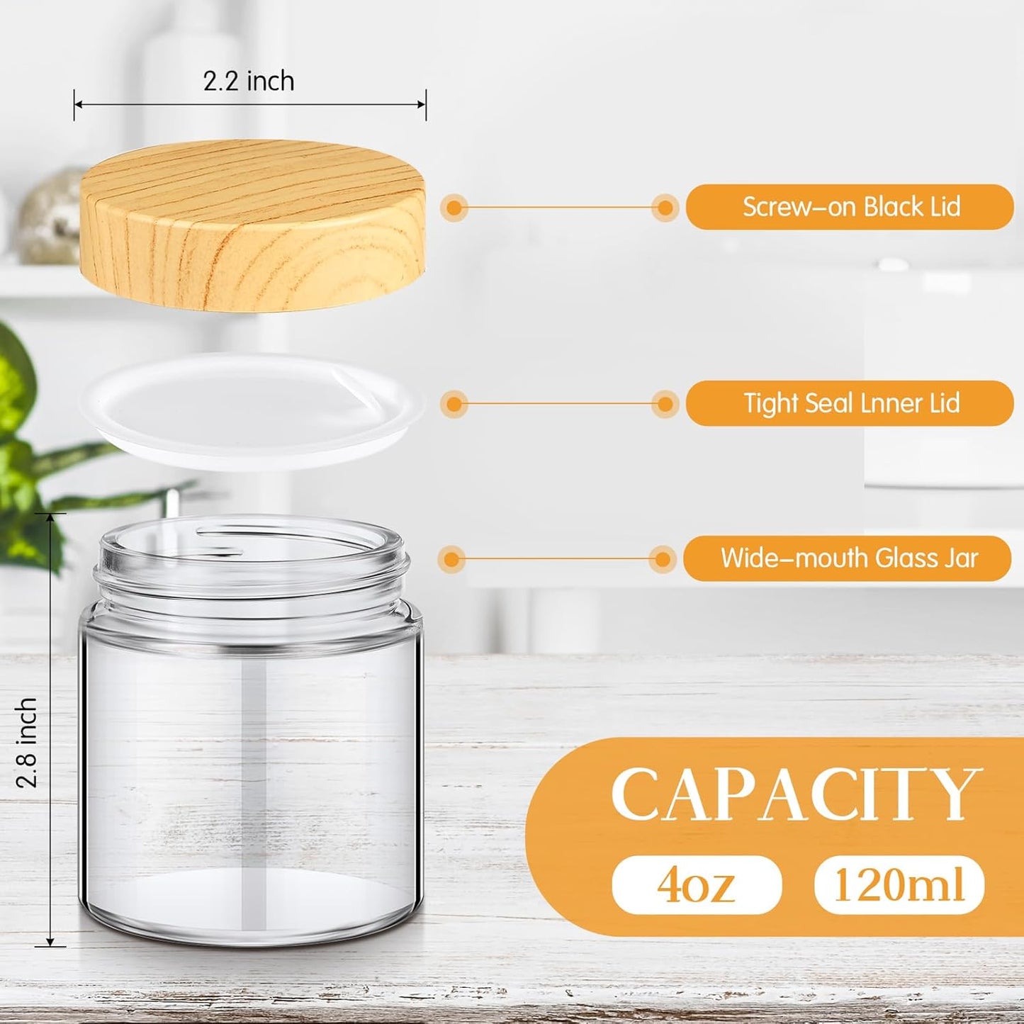 Norme 24 Pcs 4 oz Glass Jars with Lids Empty Small Glass Containers and Inner Liners Reusable Cosmetic Jars Round Airtight Bottles with Plastic Woodgrain Lids for Travel