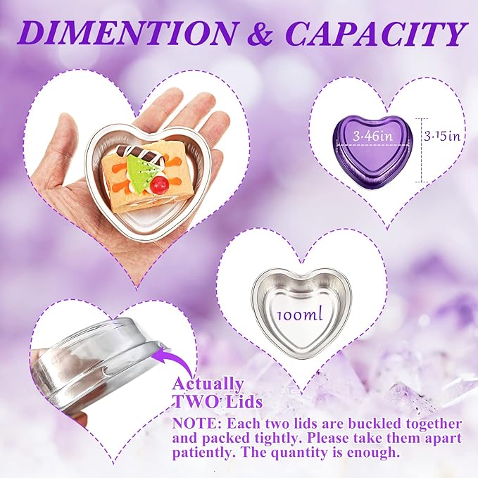 Honeydak Heart Shaped Mini Cake Pan Valentine's Day Aluminum Foil Small Cake Cup with Lids 100 Ml/ 3.4 Ounces Disposable Desserts Baking Tins for Mother's Day Wedding Parties, 3 Colors(48 Sets)