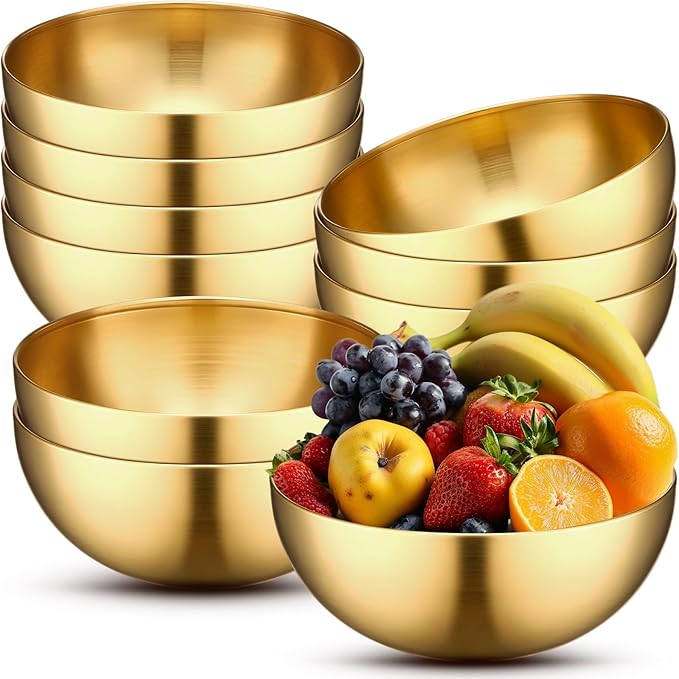 Nuogo 10 Pcs Stainless Steel Mixing Bowls Christmas Decorative Esthetician Bowls for Christmas First Holy Communion Wedding Baking Prepping Serving Facial Salad Fruit Candy(9.8 Inch,Gold)