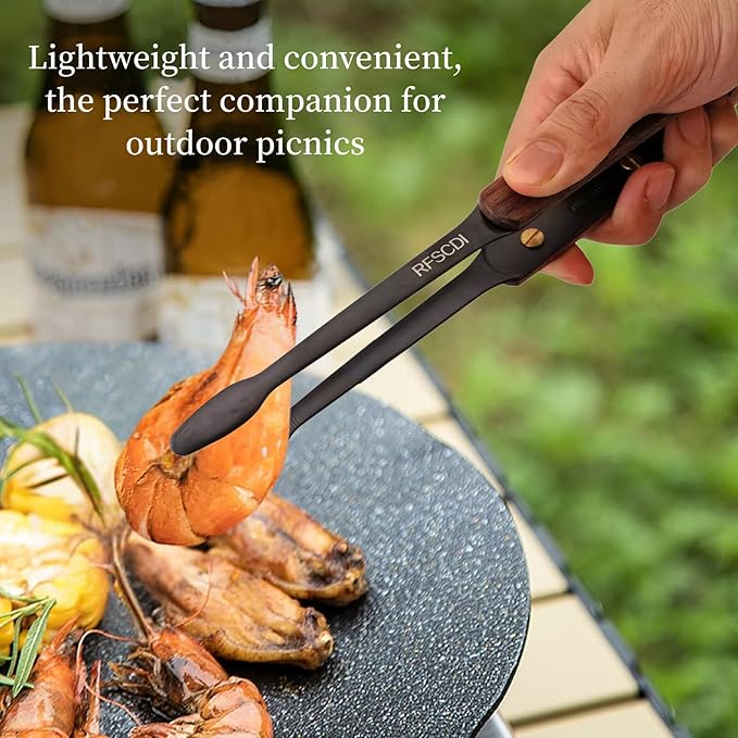 Exquisite Lightweight Cooking Tongs - 304 Stainless Steel & Walnut Wood, Comfortable Grip, Non-Slip Design, High Heat Resistant - Ideal for Light and small food, Kitchen Plating, Korean BBQ, 9-Inch
