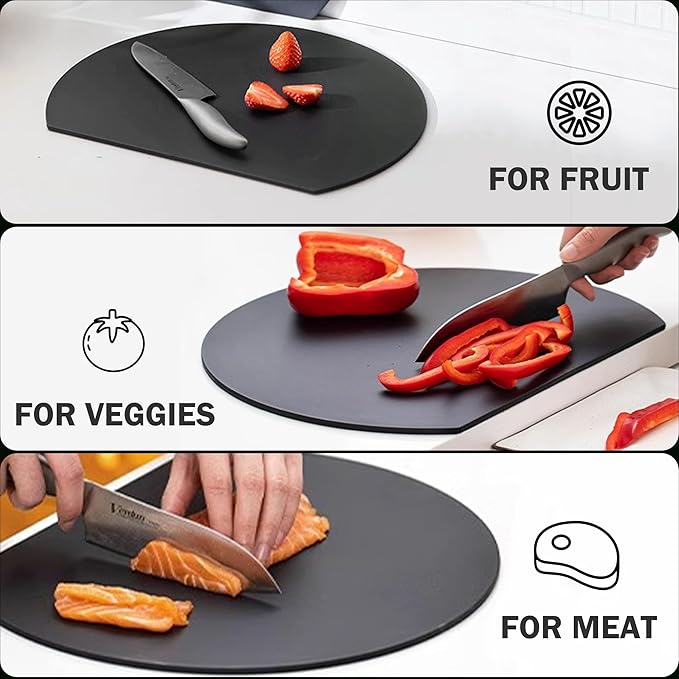 Fotouzy TPU Silicone Cutting Boards for Kitchen, Thick Rubber Flexible Cutting Board Mats, Black Cutting Mats Nonslip, Half Round Cutting Mat for Kitchen Dishwasher Safe, BPA Free, Multi Sizes 3 Pcs
