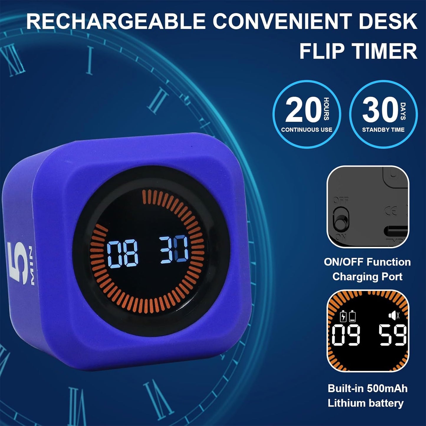 FCXJTU Rotating Cube Pomodoro Visual Timer 5, 25, 10 50 Minutes Preset, Rechargeable Desk Productivity Flip Timer w/Silicone Cover, Custom Countdown, Silent Mode for ADHD, Study, Work, School(Purple)