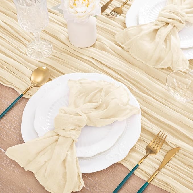 MLMC 3 Pack Beige Cheesecloth Table Runner 10ft Rustic Boho Gauze Cream Table Runner Bulk Winter Decor 35x120 Inches for Wedding Bridal Baby Shower Party Decor