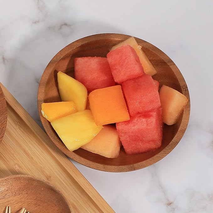 Acacia Wood Serving Bowls, 6 Inch Handcrafted Wooden Individual Bowls Set of 2 for Food/Soup/Salad/Pasta, Use as Snack Holder Plate for Kitchen and Dining