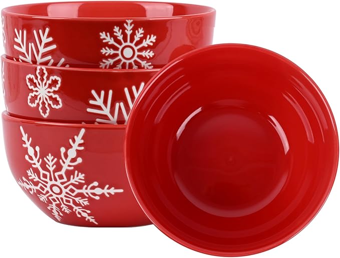 4 Pcs Christmas Cereal Bowls, 23 Oz Ceramic Bowl Set, Deep Serving Bowls, White Red Snowflake Xmas Holiday Soup Bowls for Salad, Dessert, Pasta, Ice Cream, Dishwasher and Microwave Safe