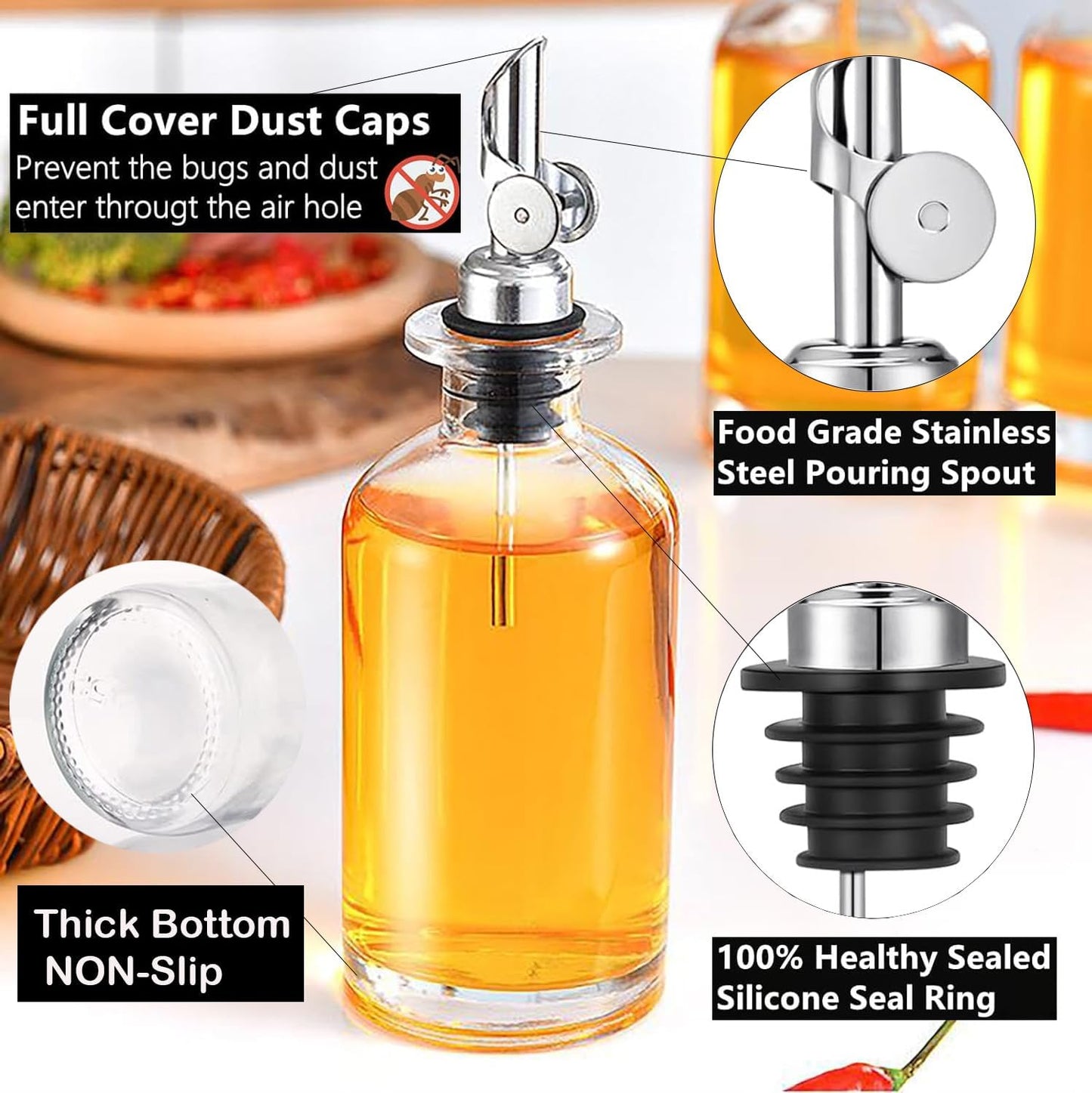 Pafusen 2 Pack Olive Oil Dispenser Bottle, 12 oz Oil Bottles for Kitchen, Glass Oil Coffee Syrup Dispenser, Simple Syrup Bottles with 2 Auto Flip Olive Oil Pourers, Gold