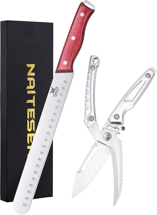 2PCS Brisket Carving Knife and Poultry Shears Set for BBQ, Very Sharp Butcher Slicing Knife, Heavy Duty Kitchen Scissors for Meat Beef Turkey Cutting, Gifts for Men Women