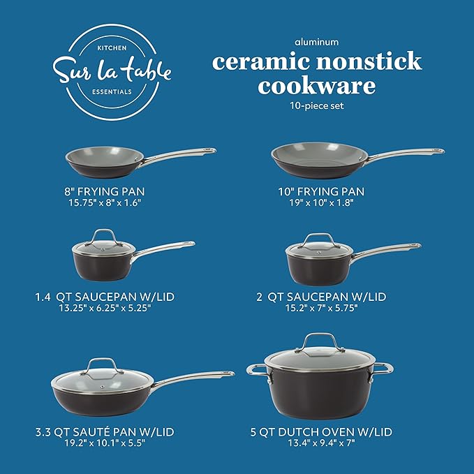 Sur La Table Kitchen Essentials 10 Piece PFA Free Titanium Ceramic Nonstick Interior Forged Aluminum Cookware Pots and Pans Set - Black - Induction Compatible