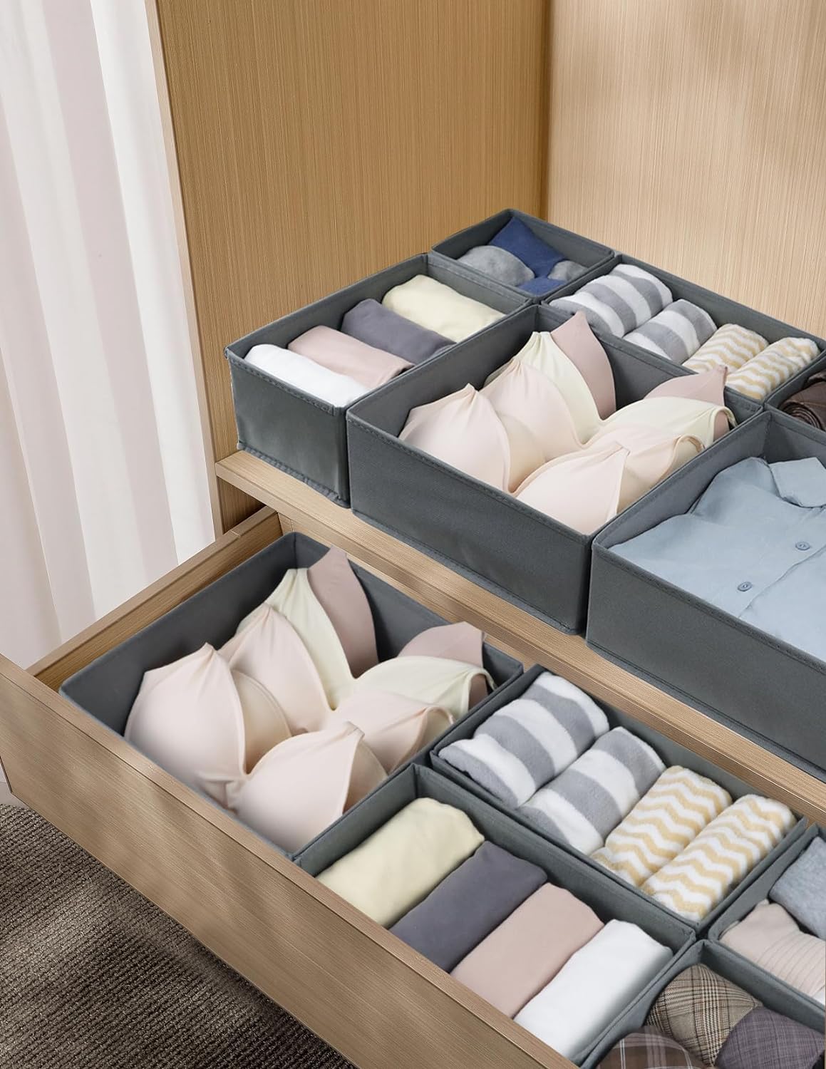 16 Pcs Drawer Organizer,Fabric Closet Organizer and Storage Baskets,Foldable Drawer Divider for Clothing,Sock,Ties,Underwear Drawer Organizers,Cabinet Storage Boxes (Gray)