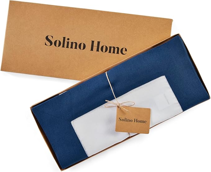 Solino Home Linen Table Runner 36 Inches - 100% Pure Linen Indigo Blue and White Table Runner 14 x 36 Inch Ideal for Dresser and Coffee Tables - Contempo