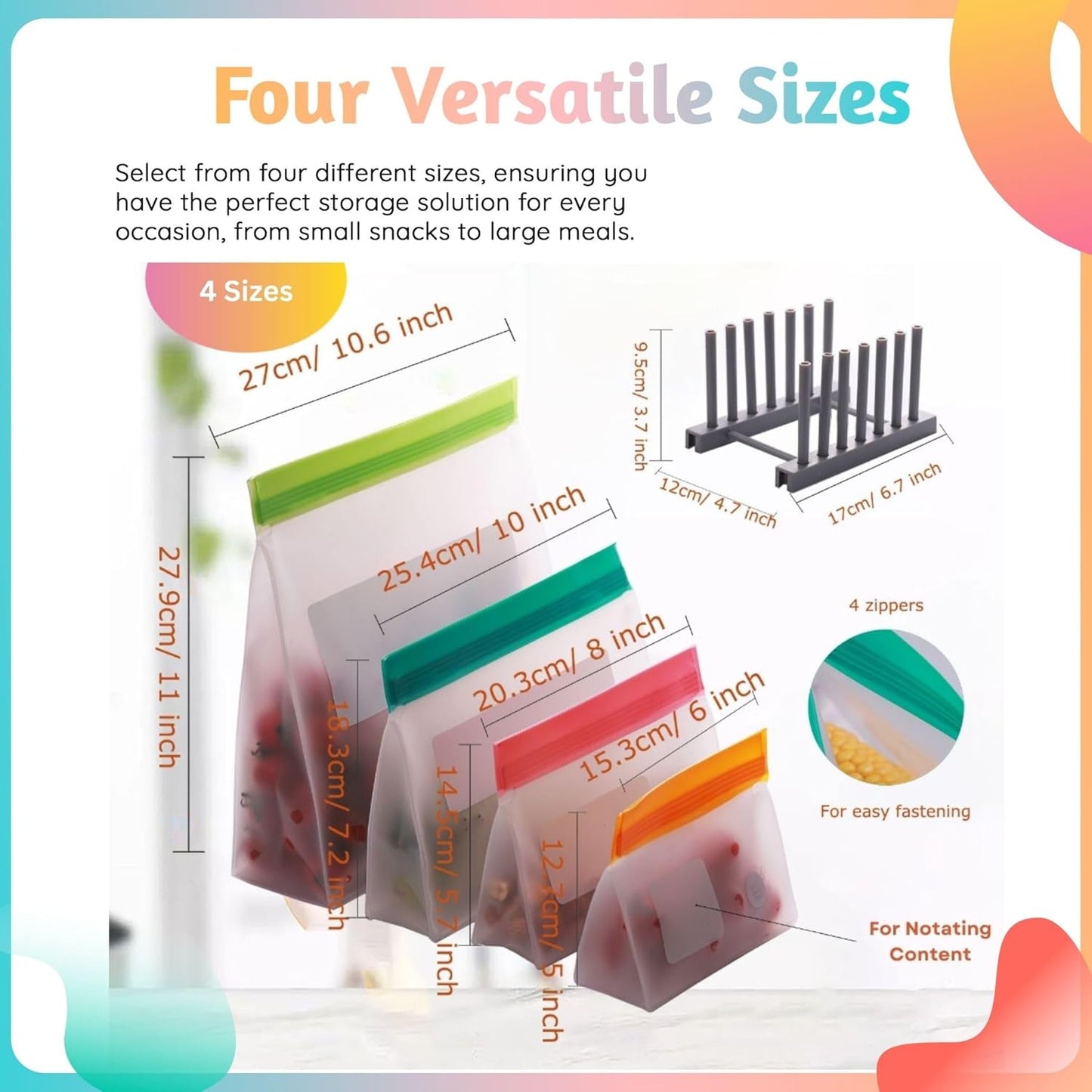 Reusable Silicone Food Storage Bags – 10-Pack Stand-Up, BPA-Free, Freezer, Dishwasher Safe, & Eco-Friendly– 5 L, 5 M Bags – Airtight Leakproof Sandwich, Snack, Travel & Make-Up baggies (Multicolor)