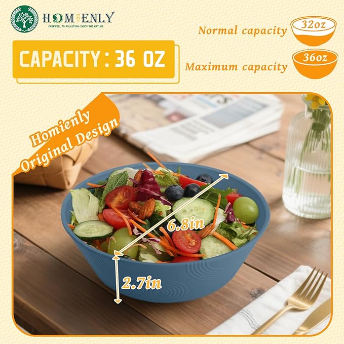 Homienly Wheat Straw Bowls, Unbreakable Soup Bowls Set of 6, Alternatives Plastic Bowls Microwave Safe, Dishwasher Safe Stackable 36oz Large Cereal Bowl for Kitchen, Camping, Serving (Navy Blue)