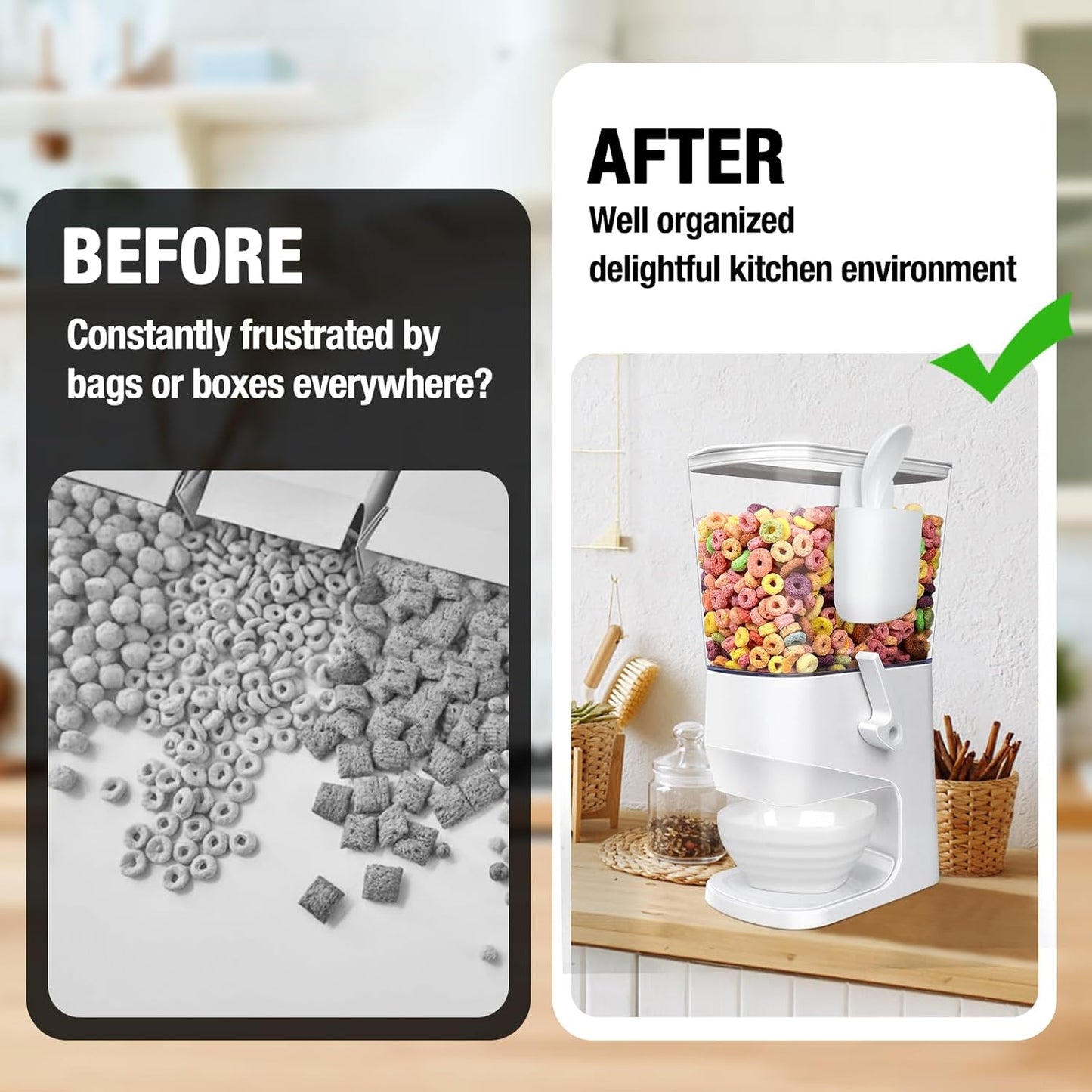 Cereal Dispenser Countertop With Bowls and Spoons Cereal Containers Storage for Pantry Snack Organizer Dry Food Storage Container with Lid for Kitchen Organization Oatmeal Nut Granola（1pcs White）