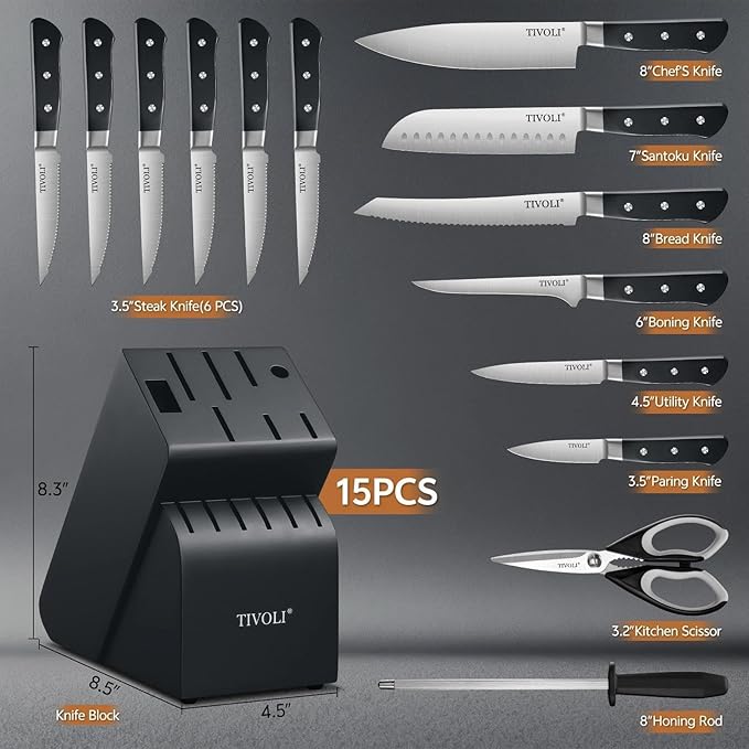 TIVOLI Knife Block Set, 15 PCS Kitchen Knife Set with Block & Honing Rod & Kitchen Scissor, High Carbon Stainless Steel Cutlery Knife Set, Ergonomic Wood Handle, Gifts For Cooks, Black