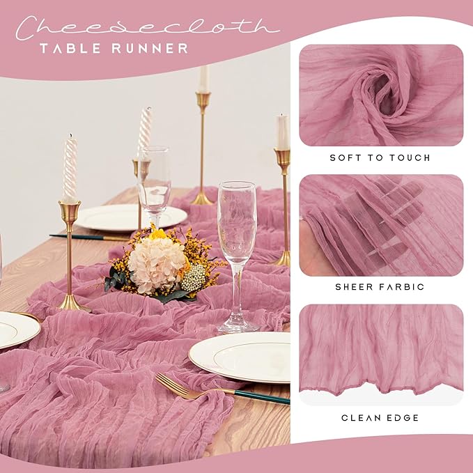 12 Pack Cheesecloth Table Runner 35 x 120 inch Long Boho Cheese Cloth Gauze Table Runners Semi Sheer Table Runner for Wedding Decor, Bridal Shower, Birthday Party (Dusty Rose)
