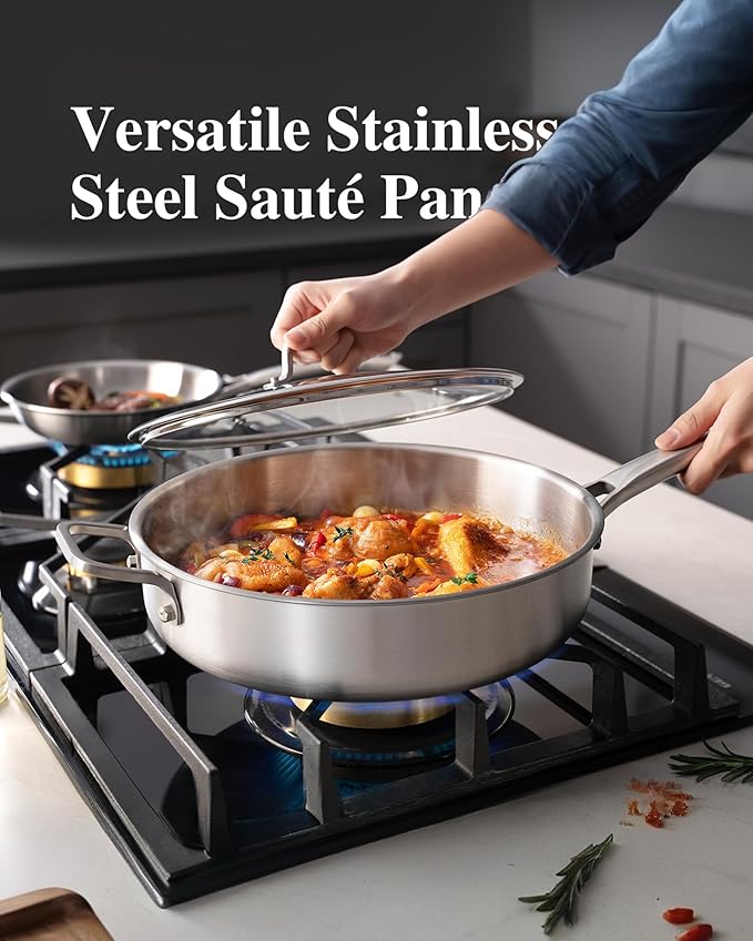 Saute Pan,7 Quart Saute pan,Stainless Steel Cookware,skillet,12.5 inch Stainless Steel Saute Pans with Lid,Dishwasher and Oven Safe, Works on All Cooktops