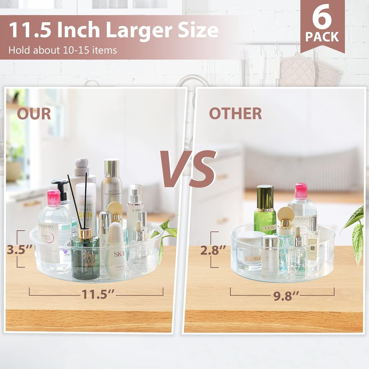 GUZON 6 Pack Lazy Susan Organizer for Cabinet, Upgraded 11.5" Clear Lazy Susan Turntable with Handles and Raised Edge, Rotating Spice Storage for Kitchen, Pantry, Refrigerator, Bathroom, Table