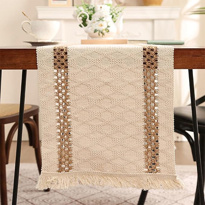 Niviy Boho Table Runner 108 Inches Long Farmhouse Macrame Table Runner Cotton Linen Woven Table Runners for Spring Dining Table Home Decor, Beige & Brown