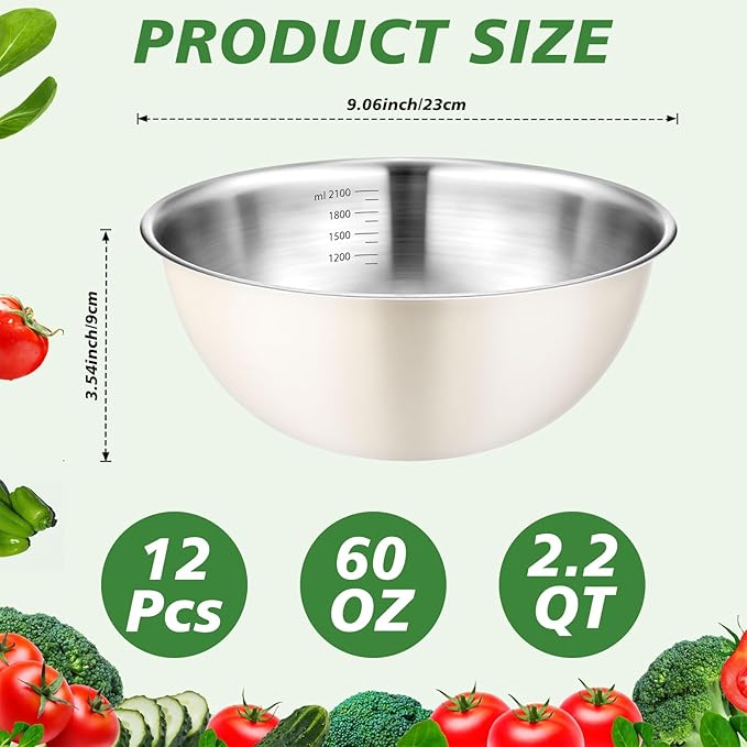 12 Pcs 2.2qt Stainless Steel Mixing Bowls Nesting Metal Prep Salad Bowls with Scale Reusable Baking Cooking Food Soup Storage Organizers for Kitchen Refrigerator