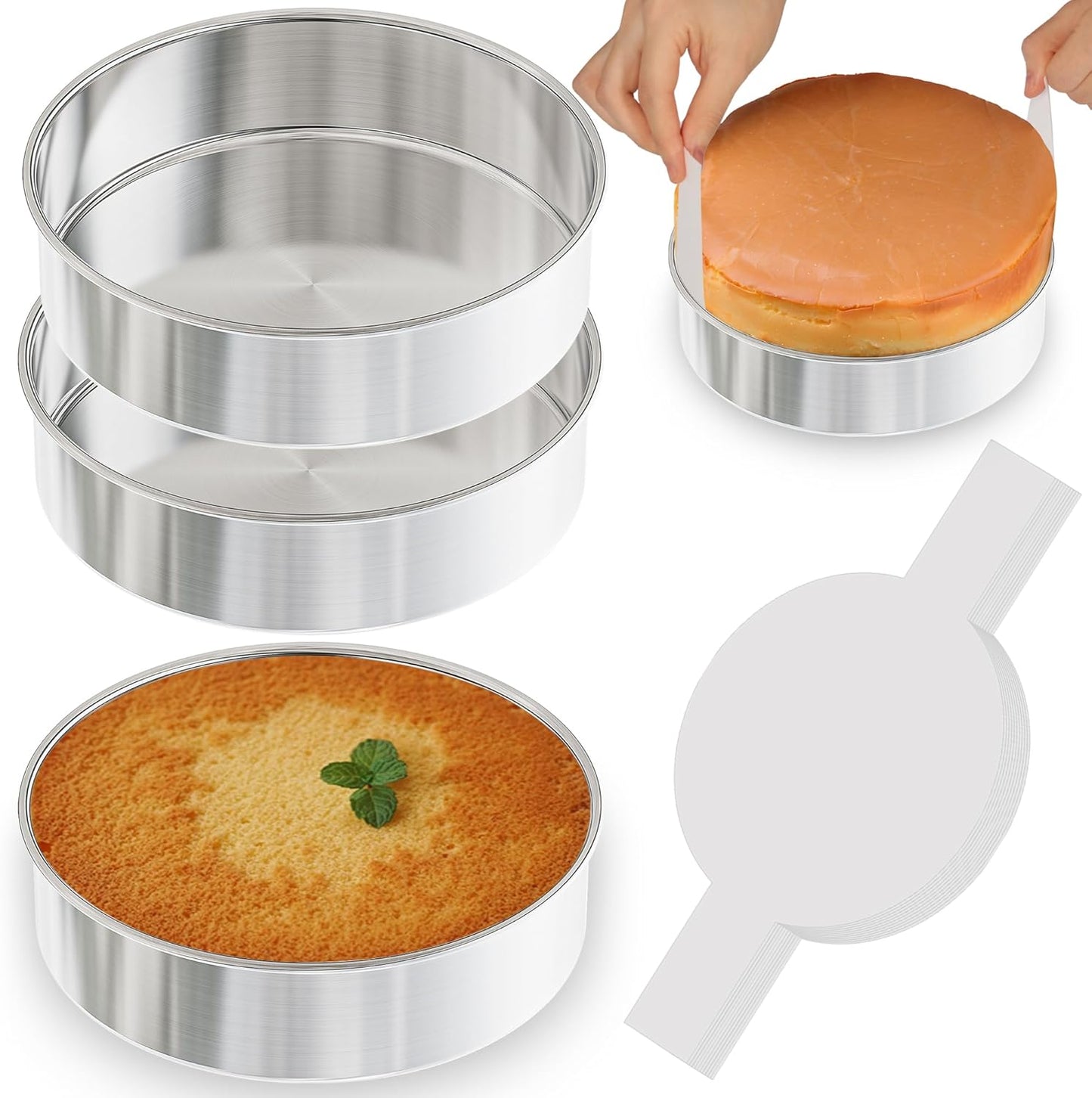 7 Inch Round Cake Pans Set of 3, Nonstick Stainless Steel Baking Pans Set with 100PCS Parchment Papers, Heavy Duty Durable Birthday Wedding Circle Layer Cake Pans Sets for Baking, Dishwasher Safe