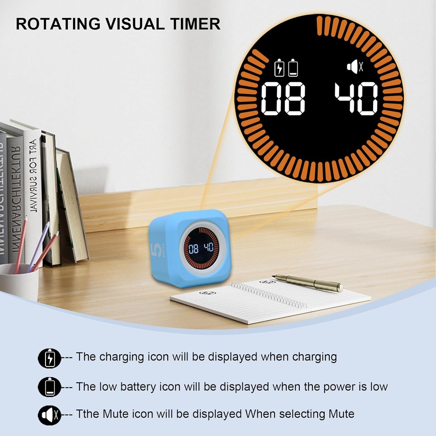 Rotating Cube Visual Timer 5, 25, 10 50 Minutes Preset + Custom Countdown, Rechargeable Desk Productivity Flip Timer with Detachable Silicone Cover for ADHD Study Work Kitchen School (White)