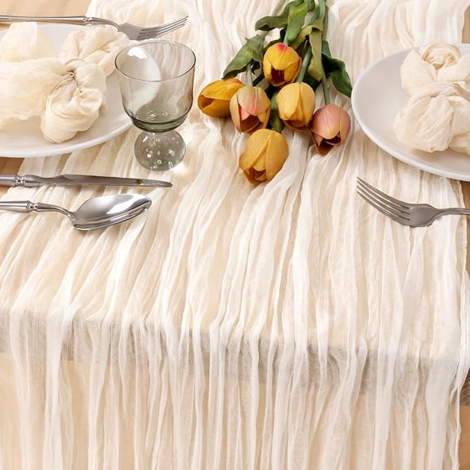 MLMC 3 Pack Ivory White Table Runner Rustic Gauze Cheesecloth Table Runner 10ft Cheese Cloth Centerpiece Decor 35x120 Inches for Wedding Dessert Anniversary Bridal Baby Shower Christmas Winter Decor