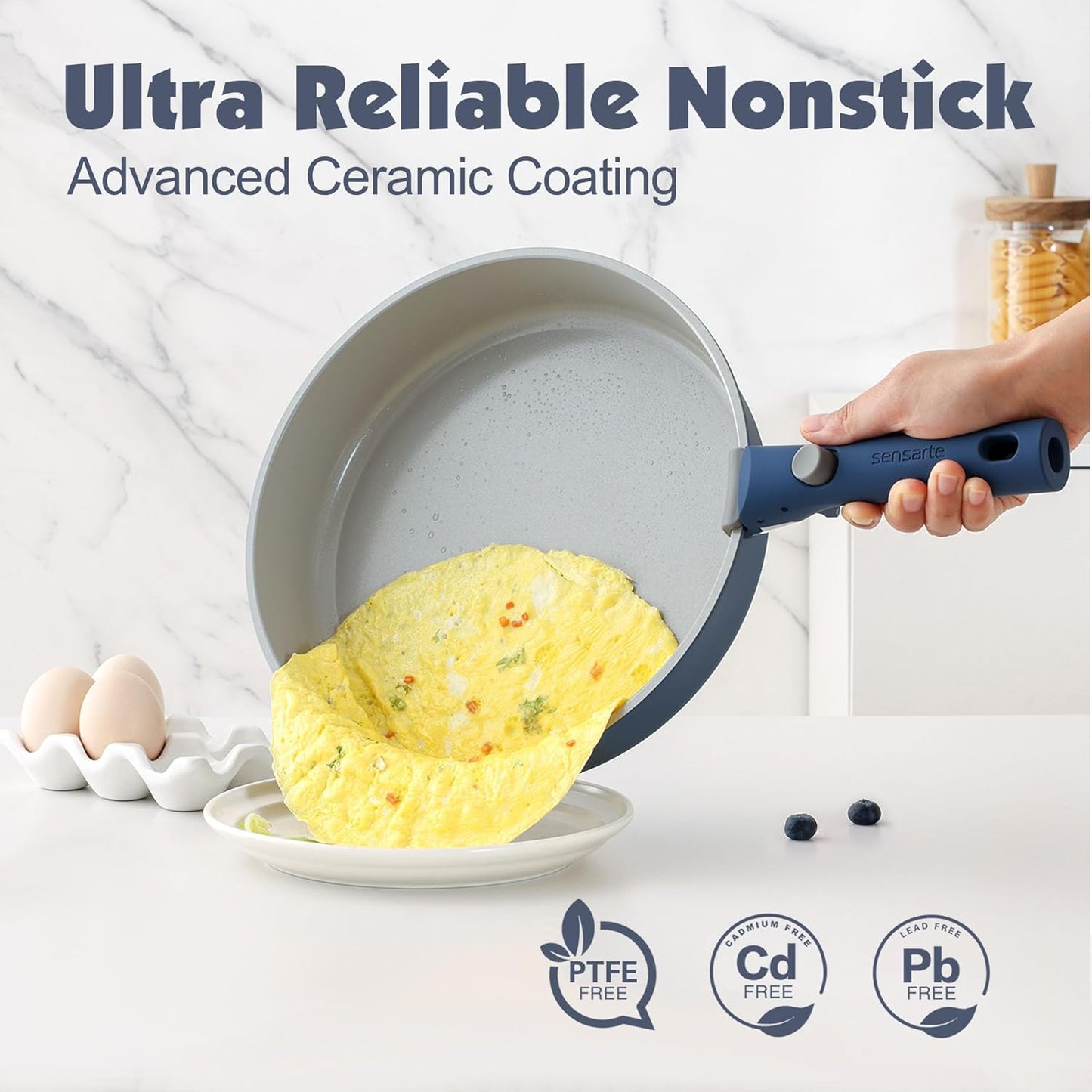 SENSARTE 17 Piece Ceramic Pots and Pans Set, Nonstick Detachable Handle Cookware, Induction Kitchen Cookware Set with Removable Handle, Dishwasher ＆ Oven Safe (Navy)