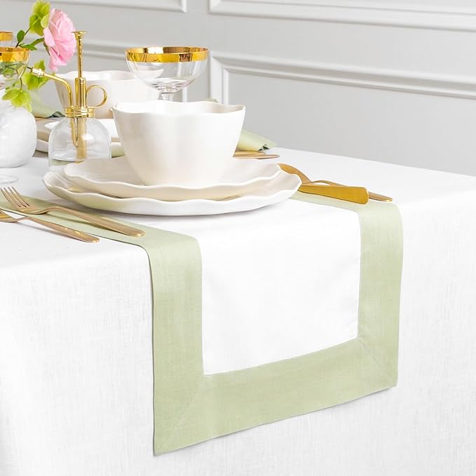 Solino Home Linen Table Runner 108 Inches Long - 100% Pure Linen Sage Green and White Dining Table Runner 14 x 108 Inch for Christmas, Winter, New Year - Contempo