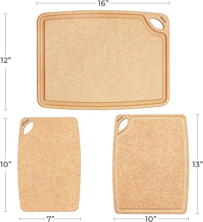 Elihome Classic Series 3-in-1 Cutting Board Set for Kitchen, Natural Wood Fiber Composite, Dishwasher Safe, Eco-Friendly, Juice Grooves with Easy Grip Handles,Non Porous, BPA Free, Made in USA