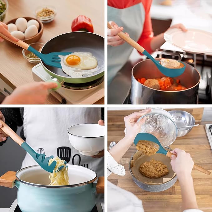 Silicone Cooking Utensils Set 6Pcs Heat Resistant Silicone Kitchen Utensils Set for Cooking Spatula Spoon Turner Ladle w Wooden Handle, BPA FREE Kitchen Gadgets for Nonstick Cookware & Baking