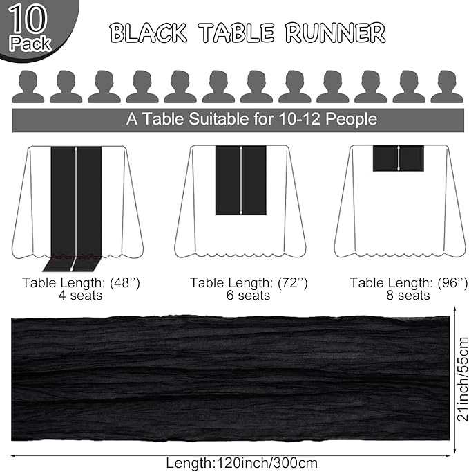 10 Pack 120 Inch Cheesecloth Black Table Runner 10FT Boho Gauze Table Runners Long Cheese Cloth Table Runner Semi Sheer Runners for Wedding Bridal Baby Shower Party