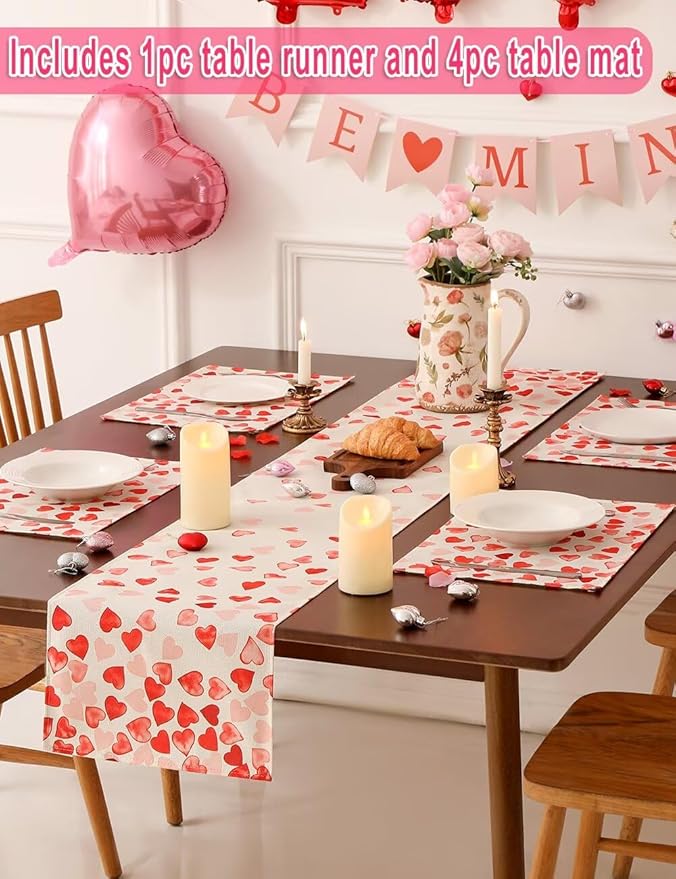 Pink Red Love Valentine's Day Table Runner 13"x72" & 4 Pcs 12"x18" Placemats Sets with 12 Heart Balloons, Love Letter Balloons, Stickers & Blowing Straw for Home Party Decor