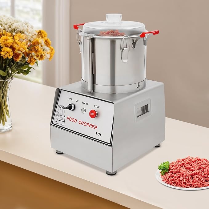 Commercial Food Processor 1100W 110V Electric Food Chopping Machine 10L/2.64Gal Stainless Steel Food Processor with Handles and Clear Lid for Restaurant Cafeteria, Silver