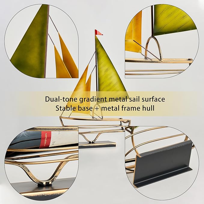 Metal Sailboat Wine Rack for Countertop – Decorative Wine Bottle Holder for Kitchen Bar Dining Table, Boat Sculpture Wine Stand Nautical Home Decor (Gold and Green)