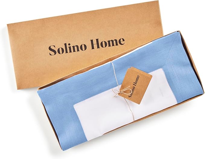 Solino Home Linen Table Runner 90 Inches Long - Cornflower Blue and White 100% Pure Linen 14 x 90 Inch Table Runner for Dining - Contempo
