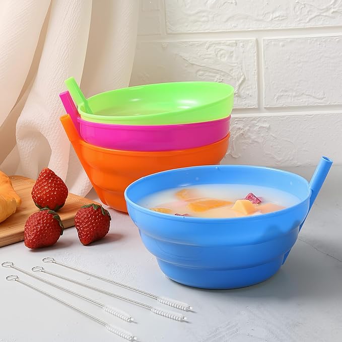 12 Pack Christmas Plastic Cereal Bowls with Straws Colored 16 oz Built-in Straw Bowl and 4 Cleaning Brushes Reusable Dishwasher for Breakfast Milk Soup Snack Salad Dessert Party Supplies