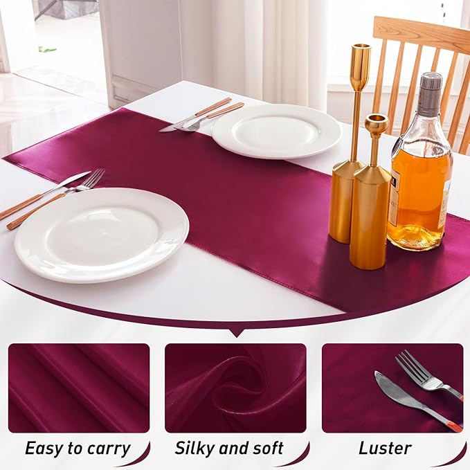 10 Pack Satin Table Runner 12 X 108 Inch Silk Table Runner for Party,Wedding, Birthday, Banquets,Decoration(Burgundy)