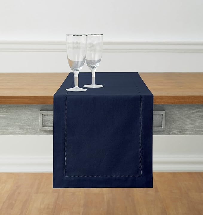 Solino Home Navy Blue Table Runner 60 Inches - Cotton Linen Hemstitch Coffee Table Runner 14 x 60 Inch Ideal for Dresser Tables - Winter, Christmas, Holiday, New Year
