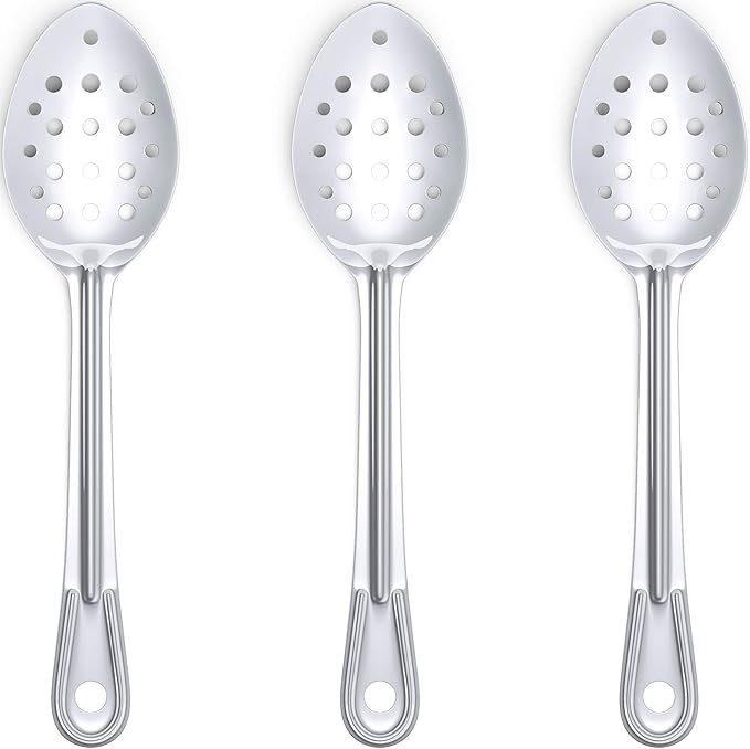 Super Strong, Ergonomic 11 in Serving Spoon 3 Pk. Big, Perforated Stainless Steel Spoons for Cooking, Baking and Basting. Best Kitchen Flatware for Buffet and Banquet Service in Restaurants and Homes