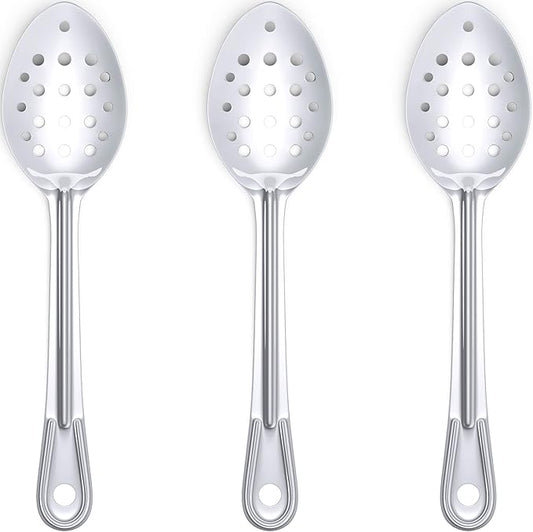 Super Strong, Ergonomic 11 in Serving Spoon 3 Pk. Big, Perforated Stainless Steel Spoons for Cooking, Baking and Basting. Best Kitchen Flatware for Buffet and Banquet Service in Restaurants and Homes