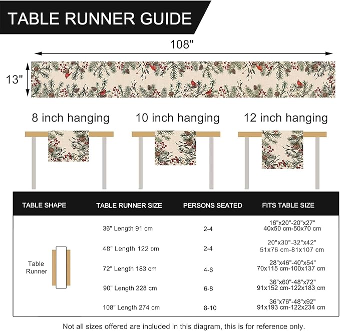 Seliem Winter Pine Needle Branches Table Runner, Pine Cone Cardinal Red Birds Berry Farmhouse Kitchen Dining Table Decor, Christmas Holiday Home Decoration Indoor Outdoor Party Supply 13 x 108 Inches