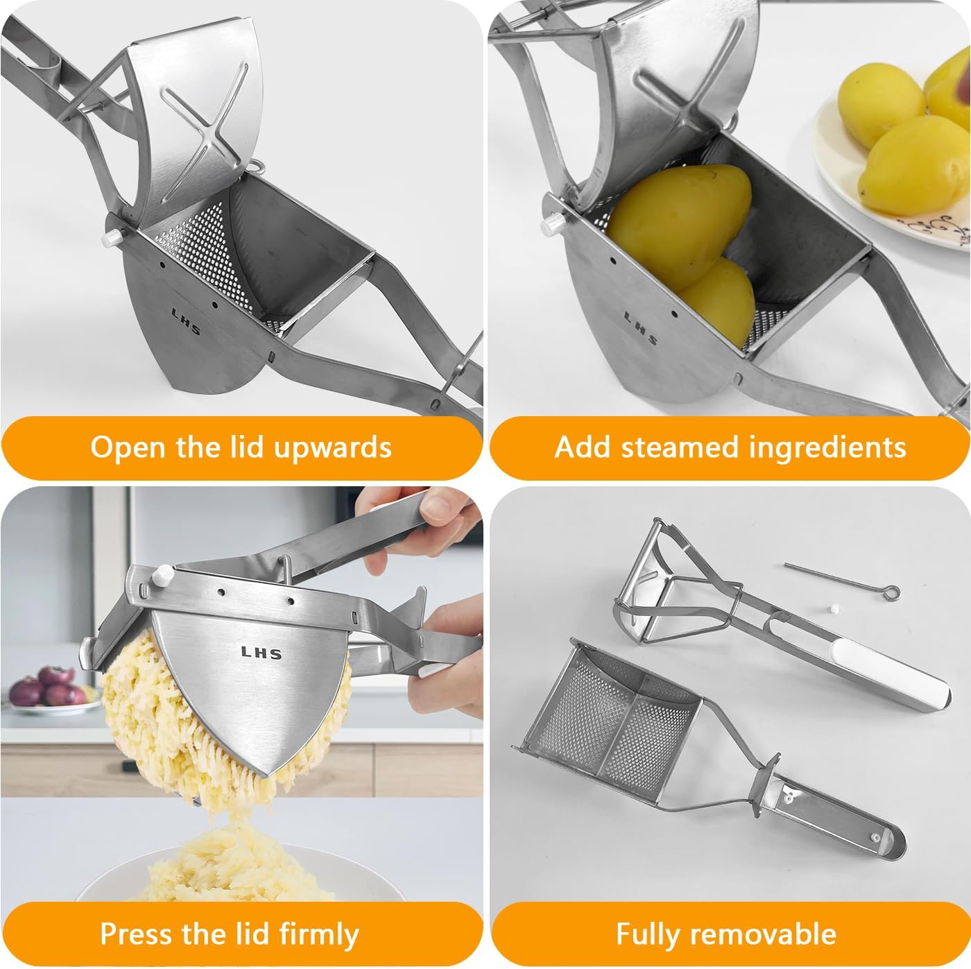 LHS Stainless Steel Potato Ricer and Masher, Heavy Duty Commercial Food Masher, Ergonomic Comfort Grip, Extra Large Capacity, Dishwasher Safe (White)