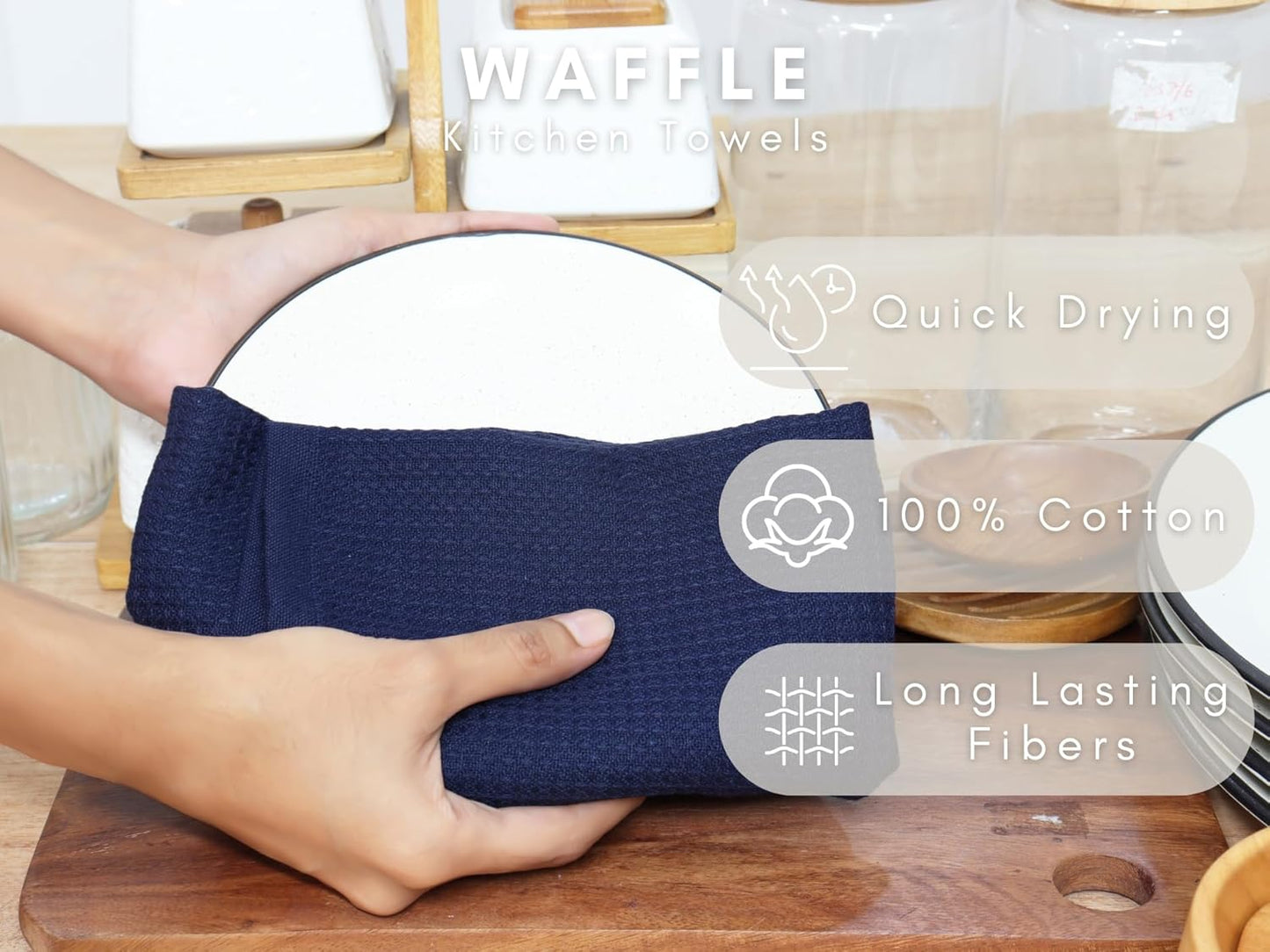 PurpleEssences Waffle Weave Kitchen Towel, 100% Cotton - 15 x 25 Inches, with Hanging Loop Ultra Soft Absorbent Quick Drying Dish Cloth, Tea and Hand Towels, 6 Pack - Navy Blue